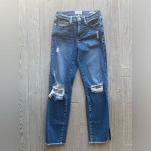 Frame Le Nouveau Straight Medium Wash Split Raw Hem Size 25